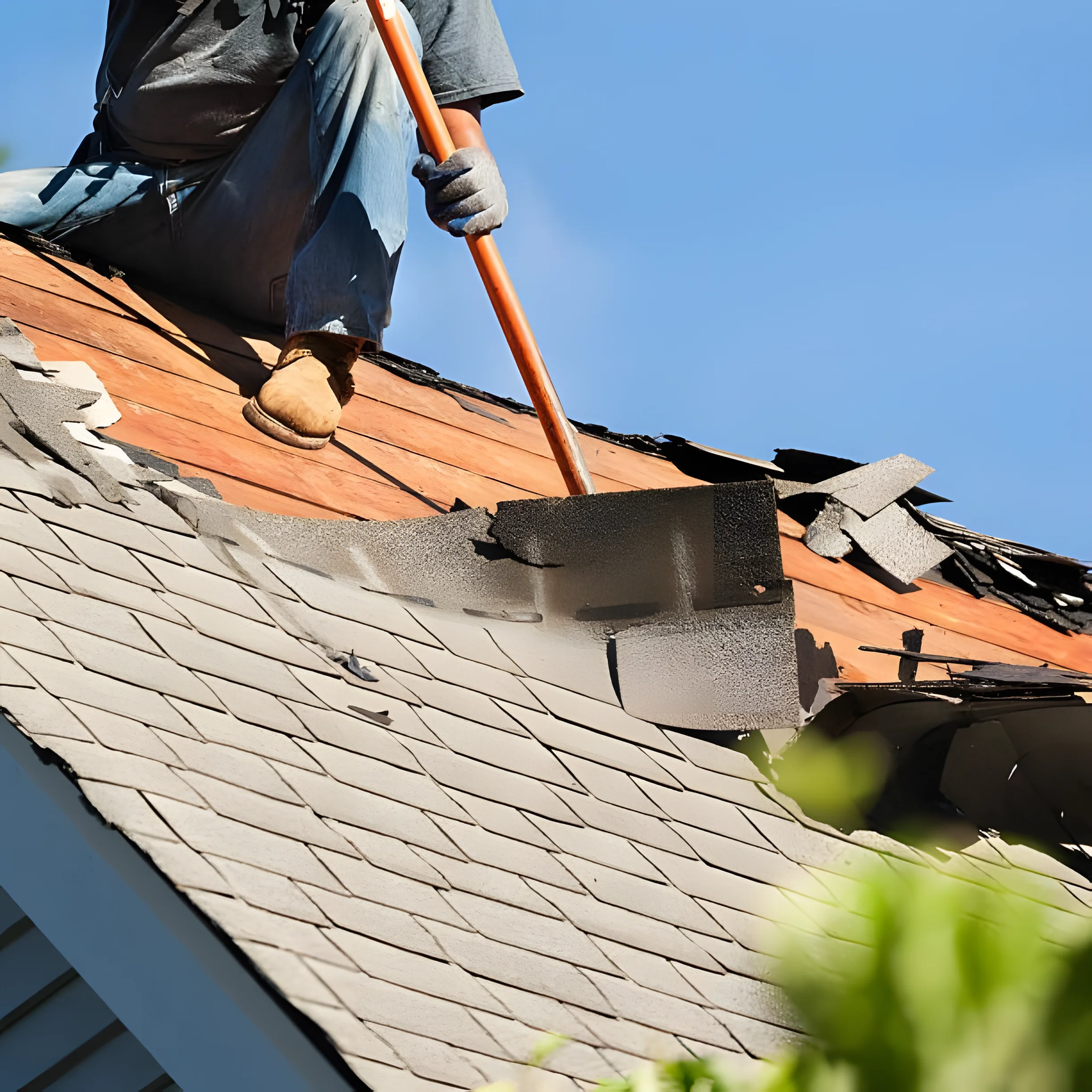 Roofer performing repairs on a residential roof