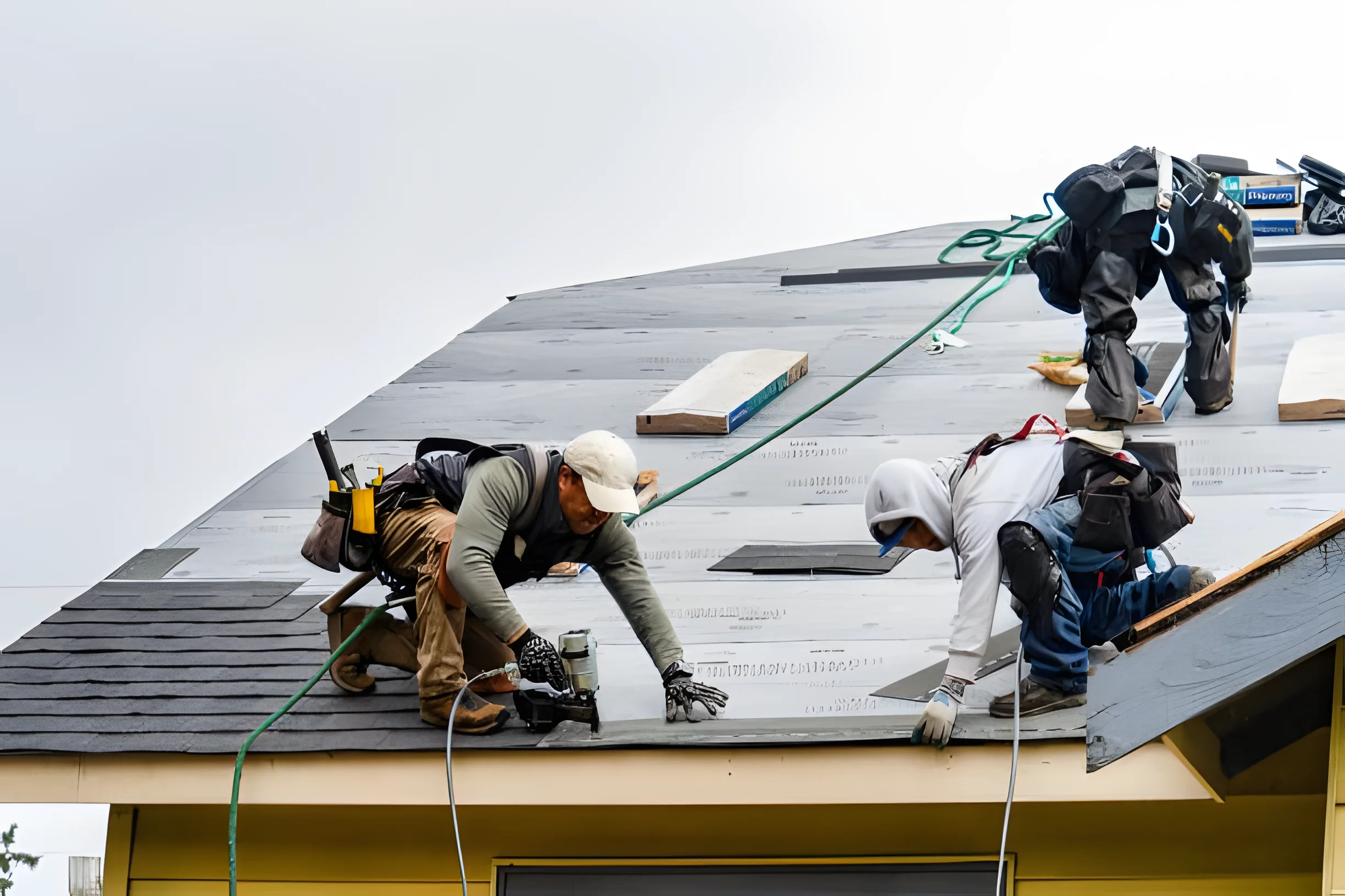 Two workers roofing a house with tools and equipment