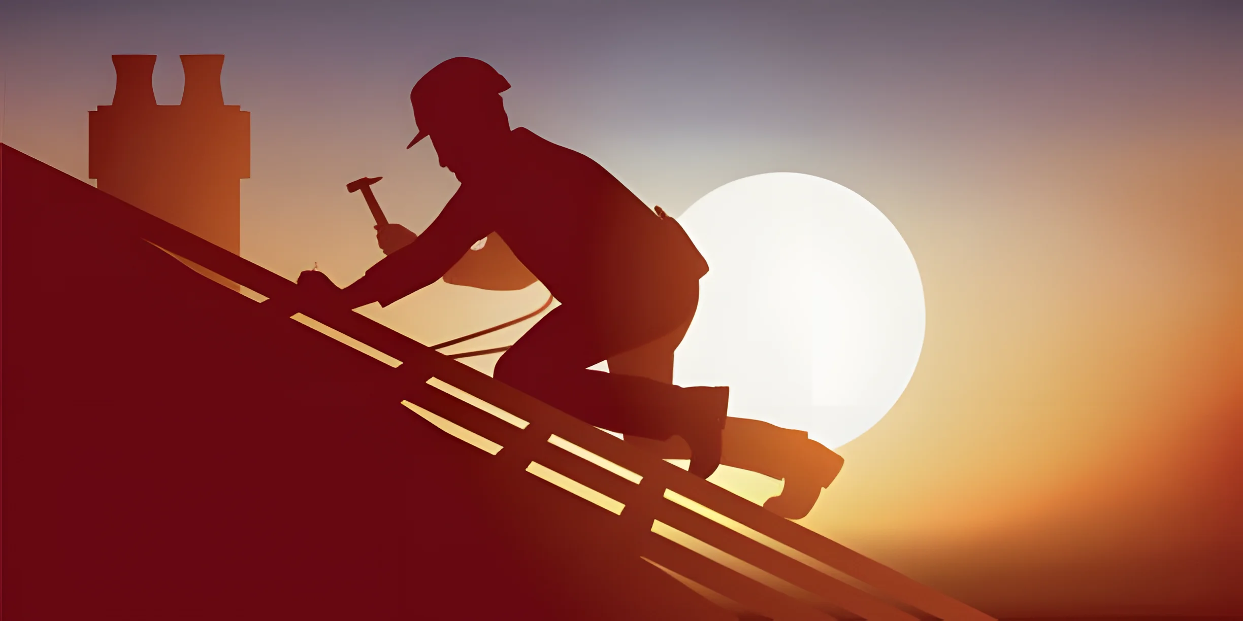 Silhouette of a roofer working at sunset