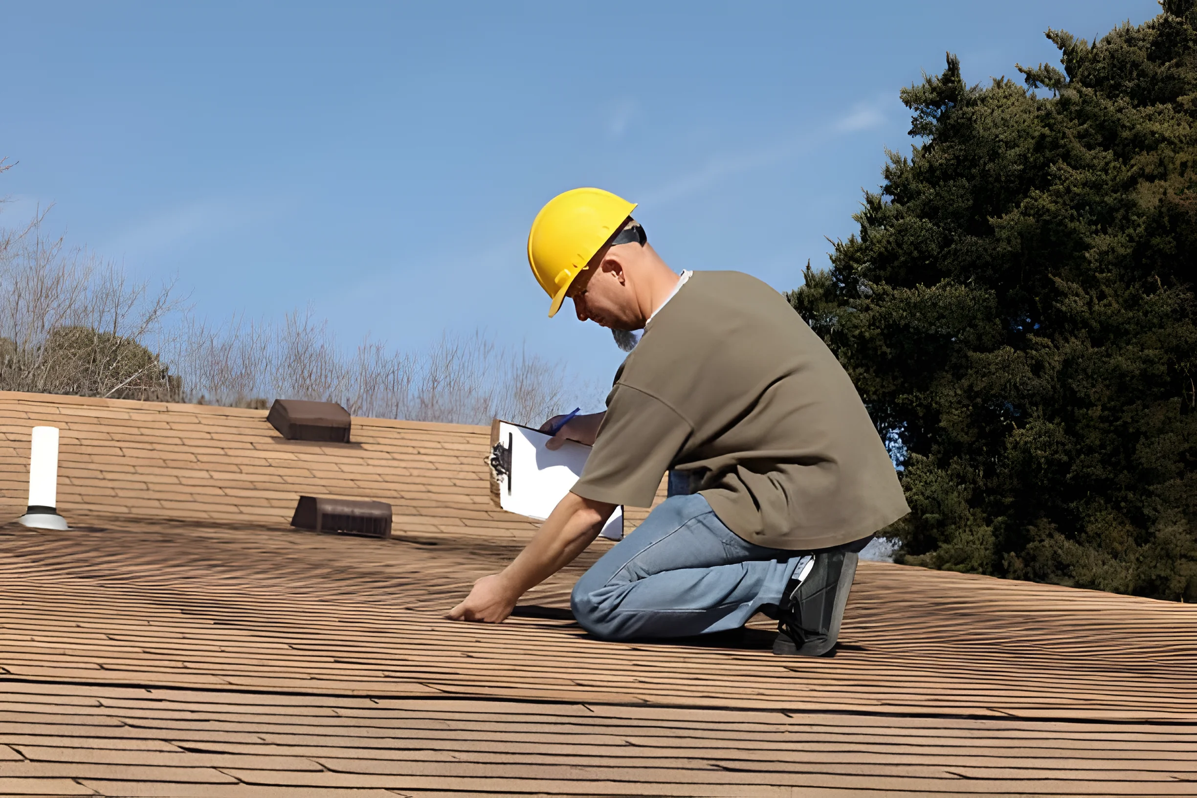 A worker inspecting a roof with a clipboard.